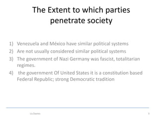 The Extent to which parties
                penetrate society

1) Venezuela and México have similar political systems
2) Are not usually considered similar political systems
3) The government of Nazi Germany was fascist, totalitarian
   regimes.
4) the government Of United States it is a constitution based
   Federal Republic; strong Democratic tradition




         Lis Davies                                             3
 