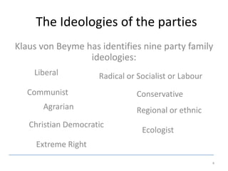 The Ideologies of the parties
Klaus von Beyme has identifies nine party family
                 ideologies:
    Liberal          Radical or Socialist or Labour
  Communist                    Conservative
      Agrarian                 Regional or ethnic
   Christian Democratic
                                 Ecologist
     Extreme Right
                                                      4
 