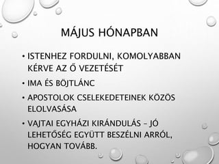 MÁJUS HÓNAPBAN
• ISTENHEZ FORDULNI, KOMOLYABBAN
KÉRVE AZ Ő VEZETÉSÉT
• IMA ÉS BÖJTLÁNC
• APOSTOLOK CSELEKEDETEINEK KÖZÖS
ELOLVASÁSA
• VAJTAI EGYHÁZI KIRÁNDULÁS – JÓ
LEHETŐSÉG EGYÜTT BESZÉLNI ARRÓL,
HOGYAN TOVÁBB.
 