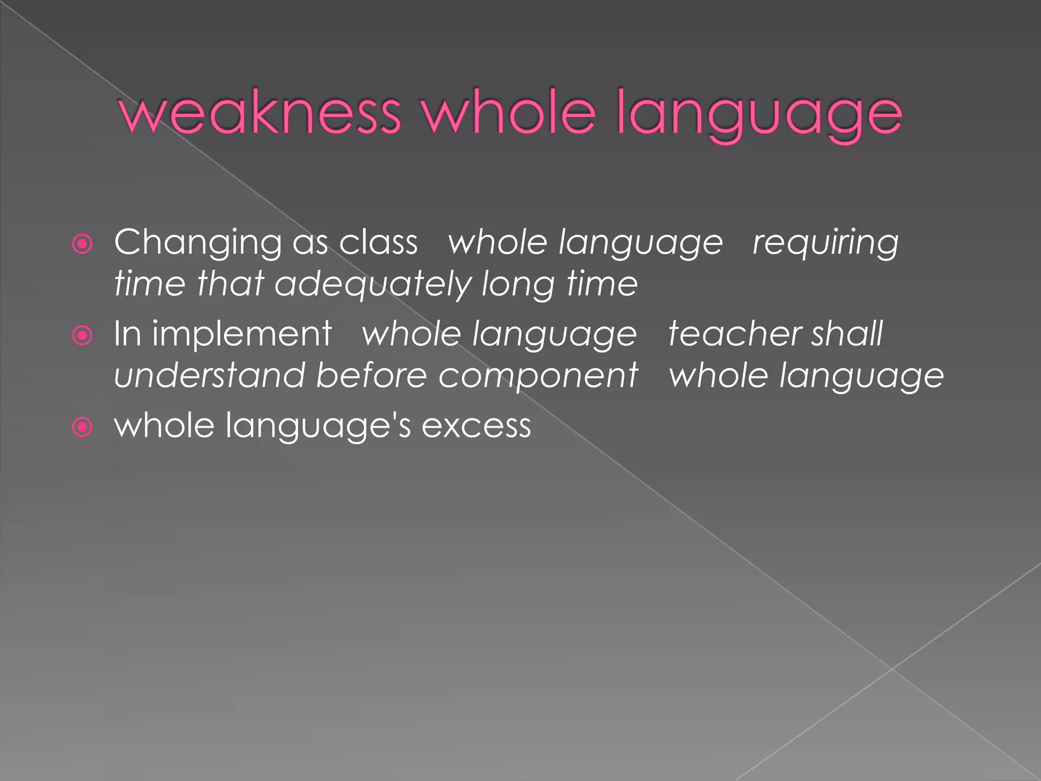  Changing as class whole language requiring
time that adequately long time
In implement whole language teacher shall
understand before component whole language
whole language's excess