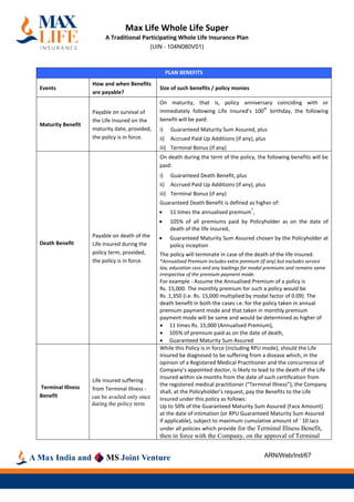 Plus Life Service Coverage Whole Life Participating Insurance - Max Life Insurance | PDF
