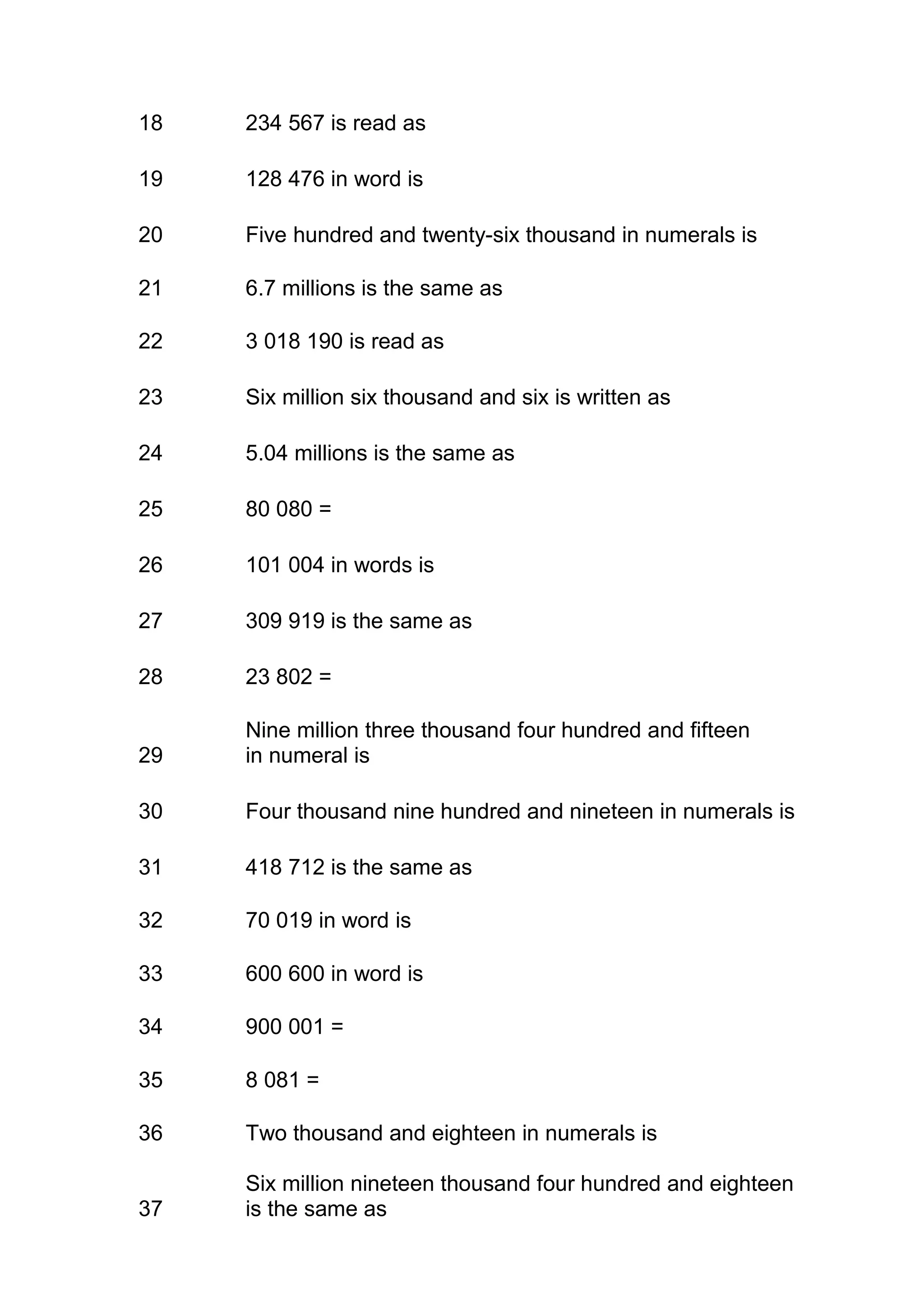 18   234 567 is read as

19   128 476 in word is

20   Five hundred and twenty-six thousand in numerals is

21   6.7 millions is the same as

22   3 018 190 is read as

23   Six million six thousand and six is written as

24   5.04 millions is the same as

25   80 080 =

26   101 004 in words is

27   309 919 is the same as

28   23 802 =

     Nine million three thousand four hundred and fifteen
29   in numeral is

30   Four thousand nine hundred and nineteen in numerals is

31   418 712 is the same as

32   70 019 in word is

33   600 600 in word is

34   900 001 =

35   8 081 =

36   Two thousand and eighteen in numerals is

     Six million nineteen thousand four hundred and eighteen
37   is the same as
 