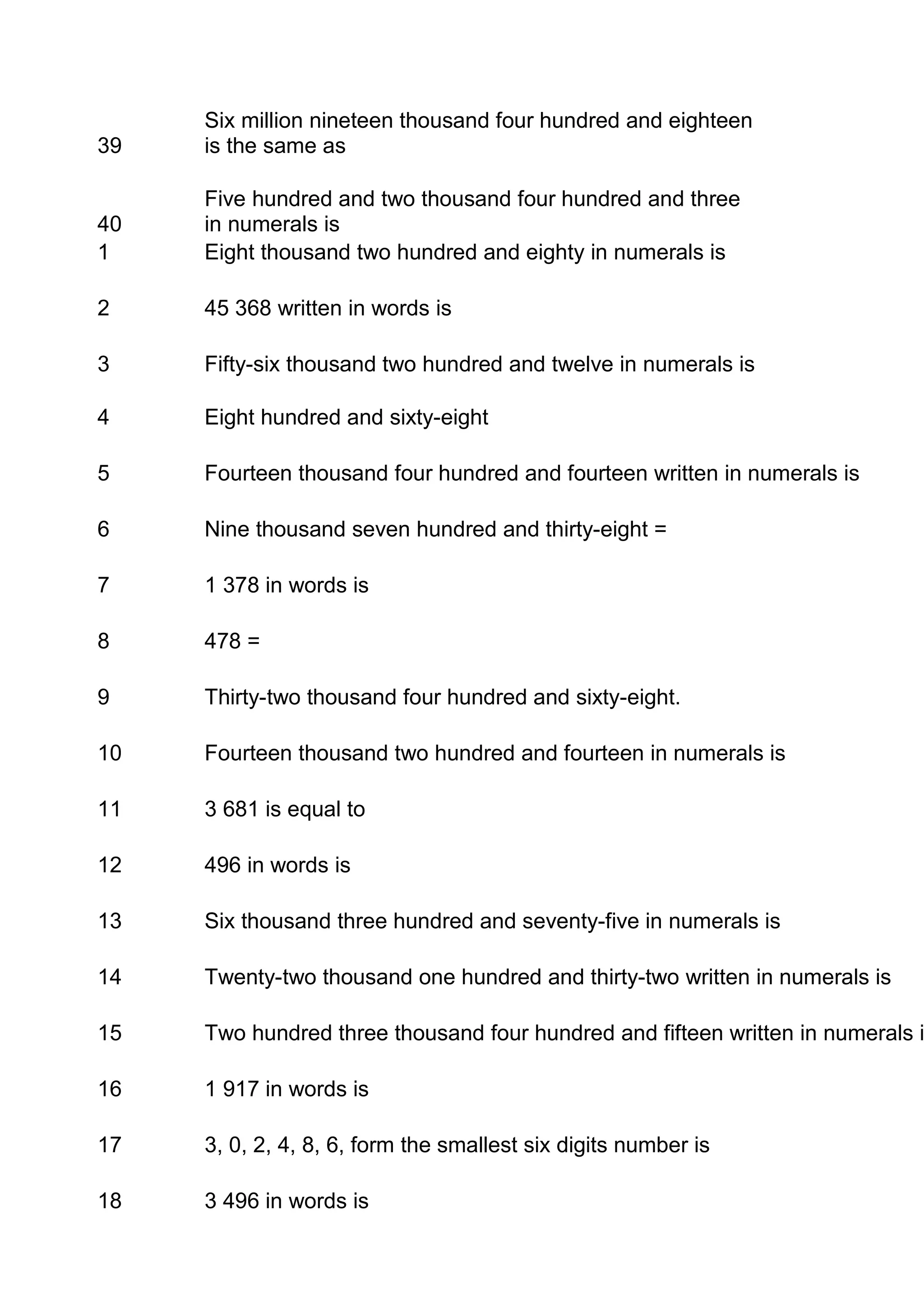 Six million nineteen thousand four hundred and eighteen
39   is the same as

     Five hundred and two thousand four hundred and three
40   in numerals is
1    Eight thousand two hundred and eighty in numerals is

2    45 368 written in words is

3    Fifty-six thousand two hundred and twelve in numerals is

4    Eight hundred and sixty-eight

5    Fourteen thousand four hundred and fourteen written in numerals is

6    Nine thousand seven hundred and thirty-eight =

7    1 378 in words is

8    478 =

9    Thirty-two thousand four hundred and sixty-eight.

10   Fourteen thousand two hundred and fourteen in numerals is

11   3 681 is equal to

12   496 in words is

13   Six thousand three hundred and seventy-five in numerals is

14   Twenty-two thousand one hundred and thirty-two written in numerals is

15   Two hundred three thousand four hundred and fifteen written in numerals i

16   1 917 in words is

17   3, 0, 2, 4, 8, 6, form the smallest six digits number is

18   3 496 in words is
 