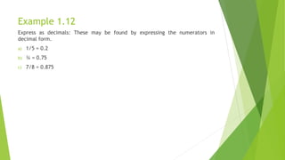 Example 1.12
Express as decimals: These may be found by expressing the numerators in
decimal form.
a) 1/5 = 0.2
b) ¾ = 0.75
c) 7/8 = 0.875
 