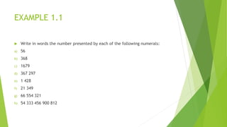 EXAMPLE 1.1
 Write in words the number presented by each of the following numerals:
a) 56
b) 368
c) 1679
d) 367 297
e) 1 428
f) 21 349
g) 66 554 321
h) 54 333 456 900 812
 