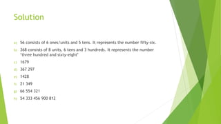 Solution
a) 56 consists of 6 ones/units and 5 tens. It represents the number fifty-six.
b) 368 consists of 8 units, 6 tens and 3 hundreds. It represents the number
‘three hundred and sixty-eight’
c) 1679
d) 367 297
e) 1428
f) 21 349
g) 66 554 321
h) 54 333 456 900 812
 