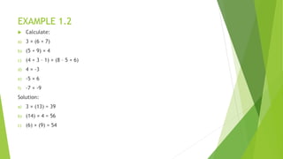 EXAMPLE 1.2
 Calculate:
a) 3 × (6 + 7)
b) (5 + 9) × 4
c) (4 + 3 – 1) × (8 – 5 + 6)
d) 4 × -3
e) -5 × 6
f) -7 × -9
Solution:
a) 3 × (13) = 39
b) (14) × 4 = 56
c) (6) × (9) = 54
 