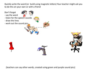 Quickly write the word (or build using magnetic letters) Your teacher might ask you
to do this on your own or with a friend

Don’t forget
- say the word
- listen for the speech sounds
- draw the lines
- work out the sound pics
                                 _ _ _




 (teachers can say other words, created using green and purple sound pics)
 