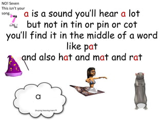 NO! Seven

       a is a sound you’ll hear a lot
This isn’t your
song..


        but not in tin or pin or cot
  you’ll find it in the middle of a word
                   like pat
      and also hat and mat and rat
 