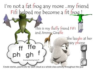 I’m not a fat frog any more ..my friend
    Fifi helped me become a fit frog !


                                  This is my fluffy friend FiFi
                                  and Jimmy Giraffe
                                                                   She laughs at her
                                                                   crazy phone




Create stories, poems etc for each cloud as a whole class activity throughout the year
 
