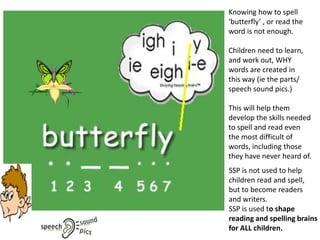 Knowing how to spell
‘butterfly’ , or read the
word is not enough.

Children need to learn,
and work out, WHY
words are created in
this way (ie the parts/
speech sound pics.)

This will help them
develop the skills needed
to spell and read even
the most difficult of
words, including those
they have never heard of.
SSP is not used to help
children read and spell,
but to become readers
and writers.
SSP is used to shape
reading and spelling brains
for ALL children.
 