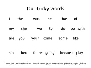 Our tricky words
     I        the               was             he               has          of

    my            she               we            to           do          be with

    are         you           your         come              some            like


    said          here          there going                    because play

These go into each child’s tricky word envelope, in home folder ( this list, copied, is fine)
 