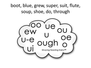 boot, blue, grew, super, suit, flute,
     soup, shoe, do, through
 