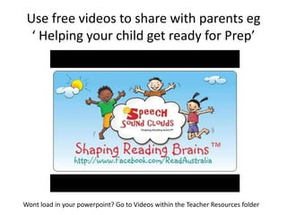 Use free videos to share with parents eg
  ‘ Helping your child get ready for Prep’




Wont load in your powerpoint? Go to Videos within the Teacher Resources folder
 