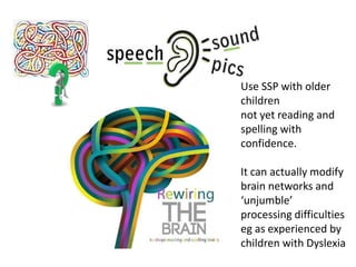 Use SSP with older
children
not yet reading and
spelling with
confidence.

It can actually modify
brain networks and
‘unjumble’
processing difficulties
eg as experienced by
children with Dyslexia
 