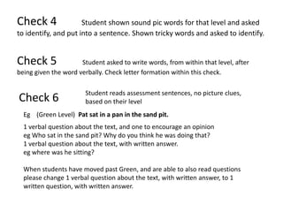 Check 4               Student shown sound pic words for that level and asked
to identify, and put into a sentence. Shown tricky words and asked to identify.


Check 5               Student asked to write words, from within that level, after
being given the word verbally. Check letter formation within this check.

                       Student reads assessment sentences, no picture clues,
Check 6                based on their level
  Eg (Green Level) Pat sat in a pan in the sand pit.
  1 verbal question about the text, and one to encourage an opinion
  eg Who sat in the sand pit? Why do you think he was doing that?
  1 verbal question about the text, with written answer.
  eg where was he sitting?

  When students have moved past Green, and are able to also read questions
  please change 1 verbal question about the text, with written answer, to 1
  written question, with written answer.
 