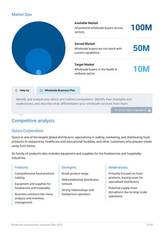 Market Size
Available Market
All potential wholesale buyers across
sectors.
100M
Served Market
Wholesale buyers we can reach with
current capabilities.
50M
Target Market
Wholesale buyers in the health &
wellness sector.
10M
Competitive analysis
Sysco Corporation
Sysco is one of the largest global distributors, specializing in selling, marketing, and distributing food
products to restaurants, healthcare and educational facilities, and other customers who prepare meals
away from home.
Its family of products also includes equipment and supplies for the foodservice and hospitality
industries.
Features
Comprehensive food products
catalog
Equipment and supplies for
foodservice and hospitality
Business solutions like menu
analysis and inventory
management
Strengths
Broad product range
Well-established distribution
network
Strong relationships with
foodservice operators
Weaknesses
Primarily focused on food
products, leaving room for
specialized distributors
Potential supply chain
disruptions due to large scale
operations
Identify and analyze your direct and indirect competitors. Identify their strengths and
weaknesses, and describe what differentiates your wholesale services from them.
Point out how you have a competitive edge in the market. To unlock help try Upmetrics! 
 Help tip  Wholesale Business Plan
Wholesale Business Plan | Business Plan 2023 15/50
 