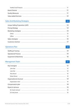Healthy Food Products 21
Brand Choices 21
Quality Measures 21
Value-added Services 22
Sales And Marketing Strategies 23
Unique Selling Proposition (USP) 24
Pricing Strategy 24
Marketing strategies 25
Online 25
Offline 25
Sales strategies 26
Customer retention 27
Operations Plan 28
Staffing & Training 29
Operational Process 29
Equipment & Machinery 30
Management Team 31
Key managers 32
John Doe 32
Jane Doe 33
Alice Brown 33
Robert Brown 33
Organizational structure 34
Organization chart 34
Compensation plan 34
Board of advisors 35
Mr. David Johnson 35
Dr Emily Smith 35
Wholesale Business Plan | Business Plan 2023 3/50
 