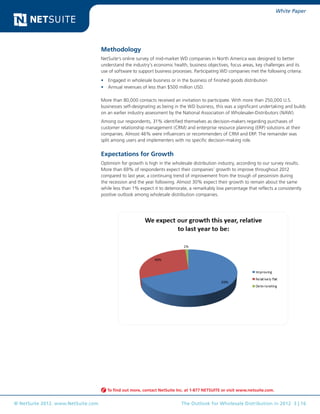 White Paper




                                    Methodology
                                    NetSuite’s online survey of mid-market WD companies in North America was designed to better
                                    understand the industry’s economic health, business objectives, focus areas, key challenges and its
                                    use of software to support business processes. Participating WD companies met the following criteria:
                                    •	 Engaged in wholesale business or in the business of finished goods distribution
                                    •	 Annual revenues of less than $500 million USD.

                                    More than 80,000 contacts received an invitation to participate. With more than 250,000 U.S.
                                    businesses self-designating as being in the WD business, this was a significant undertaking and builds
                                    on an earlier industry assessment by the National Association of Wholesaler-Distributors (NAW).
                                    Among our respondents, 31% identified themselves as decision-makers regarding purchases of
                                    customer relationship management (CRM) and enterprise resource planning (ERP) solutions at their
                                    companies. Almost 46% were influencers or recommenders of CRM and ERP. The remainder was
                                    split among users and implementers with no specific decision-making role.


                                    Expectations for Growth
                                    Optimism for growth is high in the wholesale distribution industry, according to our survey results.
                                    More than 69% of respondents expect their companies’ growth to improve throughout 2012
                                    compared to last year, a continuing trend of improvement from the trough of pessimism during
                                    the recession and the year following. Almost 30% expect their growth to remain about the same
                                    while less than 1% expect it to deteriorate, a remarkably low percentage that reflects a consistently
                                    positive outlook among wholesale distribution companies.




                                       To find out more, contact NetSuite Inc. at 1-877 NETSUITE or visit www.netsuite.com.


© NetSuite 2012. www.NetSuite.com                                           The Outlook for Wholesale Distribution in 2012 3 | 16
 