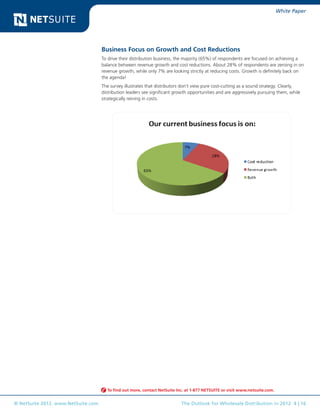 White Paper




                                    Business Focus on Growth and Cost Reductions
                                    To drive their distribution business, the majority (65%) of respondents are focused on achieving a
                                    balance between revenue growth and cost reductions. About 28% of respondents are zeroing in on
                                    revenue growth, while only 7% are looking strictly at reducing costs. Growth is definitely back on
                                    the agenda!
                                    The survey illustrates that distributors don’t view pure cost-cutting as a sound strategy. Clearly,
                                    distribution leaders see significant growth opportunities and are aggressively pursuing them, while
                                    strategically reining in costs.




                                      To find out more, contact NetSuite Inc. at 1-877 NETSUITE or visit www.netsuite.com.


© NetSuite 2012. www.NetSuite.com                                          The Outlook for Wholesale Distribution in 2012 4 | 16
 