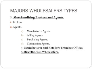 MAJORS WHOLESALERS TYPES
3. Merchandising Brokers and Agents.
ii. Brokers.
iii.Agents.
       a) Manufacturer Agents.
       b) Selling Agents.
       c) Purchasing Agents.
       d) Commission Agents.
       4. Manufacturer and Retailers Branches Offices.
       5.Miscellineous Wholesalers.
 