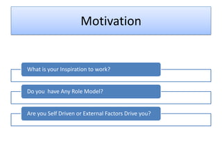 Motivation


What is your Inspiration to work?


Do you have Any Role Model?


Are you Self Driven or External Factors Drive you?
 