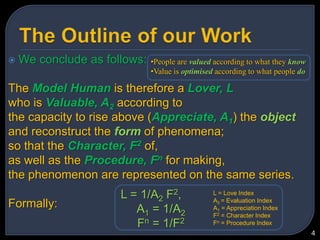 The Outline of our WorkWe conclude as follows:The Model Human is therefore a Lover, Lwho is Valuable, A2according tothe capacity to rise above (Appreciate, A1) the objectand reconstruct the form of phenomena;so that the Character, F2of,as well as the Procedure, Fnfor making,the phenomenon are represented on the same series.Formally:4People are valued according to what they know