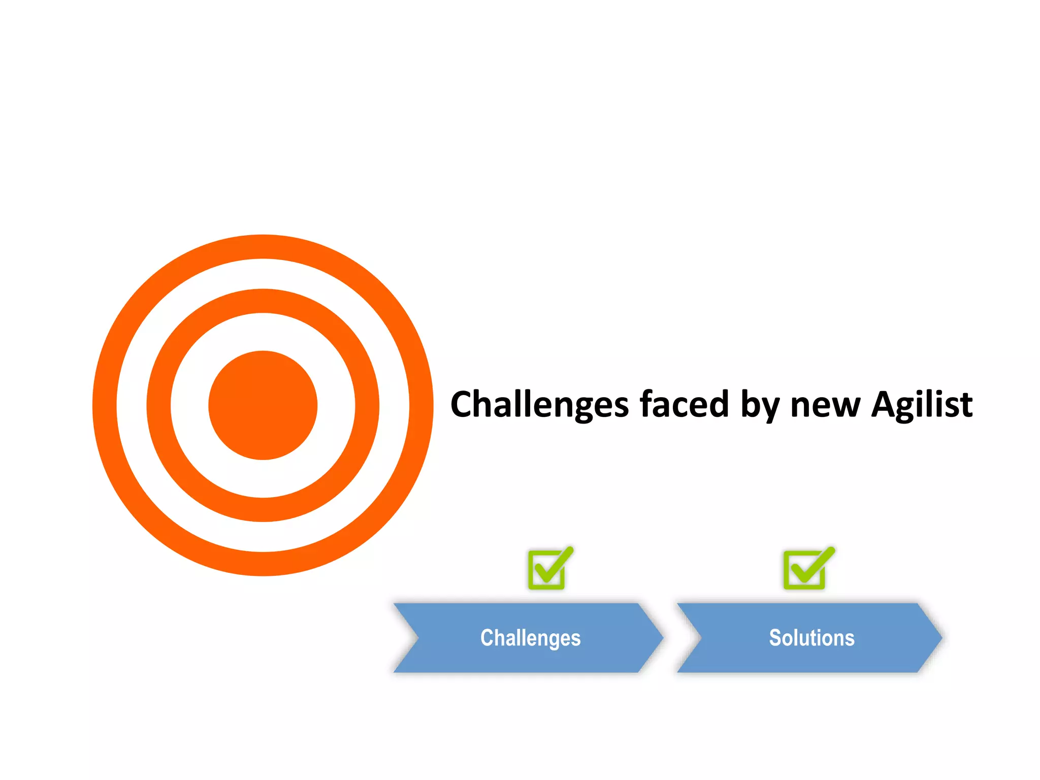 Challenges faced by new Agilist
Challenges Solutions
 