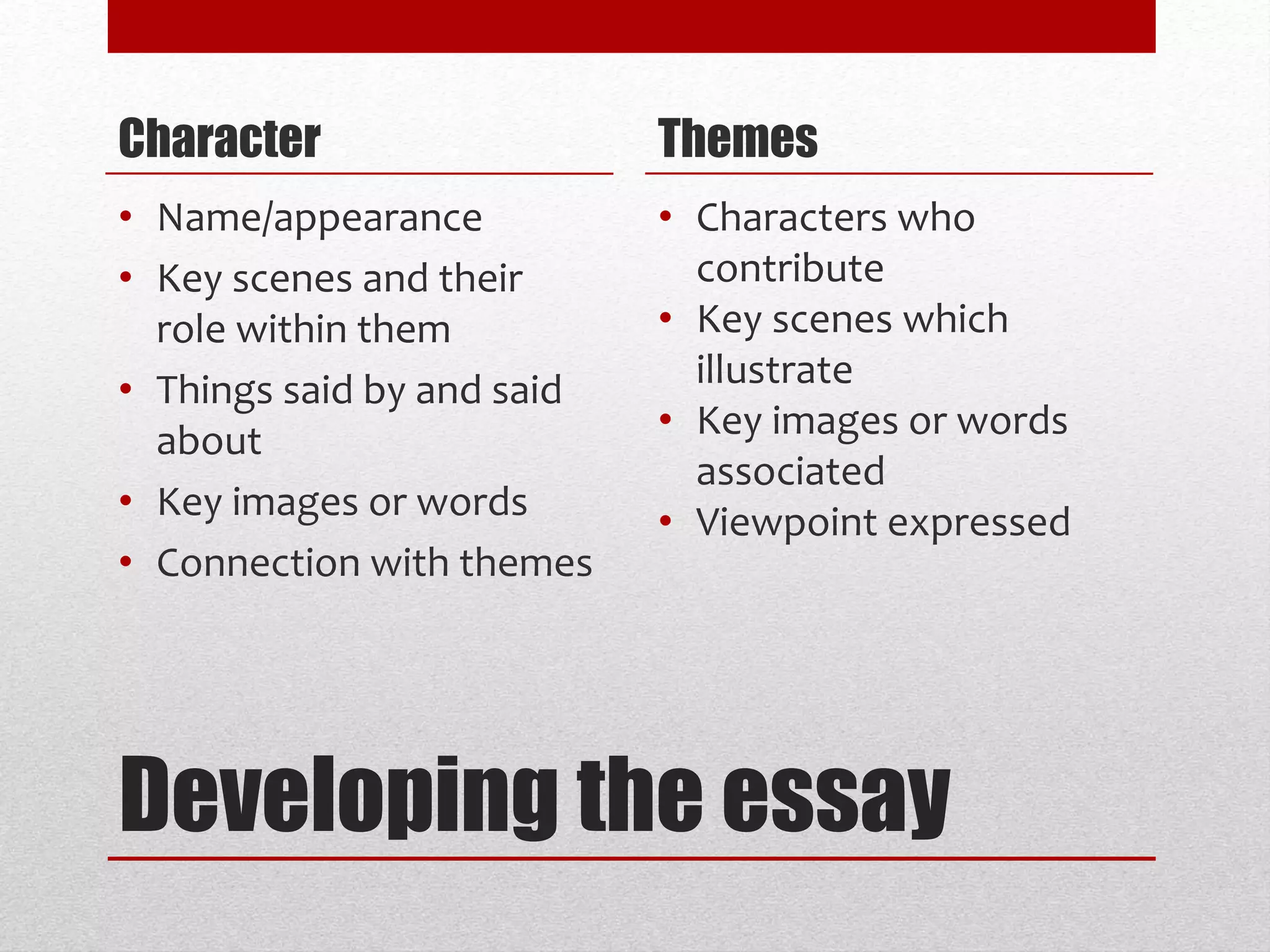 Developing the essay
Character
• Name/appearance
• Key scenes and their
role within them
• Things said by and said
about
• Key images or words
• Connection with themes
Themes
• Characters who
contribute
• Key scenes which
illustrate
• Key images or words
associated
• Viewpoint expressed
 