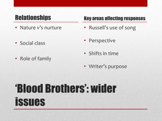 ‘Blood Brothers’: wider
issues
Relationships
• Nature v’s nurture
• Social class
• Role of family
Key areas affecting responses
• Russell’s use of song
• Perspective
• Shifts in time
• Writer’s purpose
 