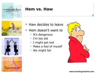 Hem vs. Haw Haw decides to leave Hem doesn’t want to It’s dangerous I’m too old I might get lost Make a fool of myself We might fail 