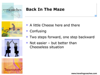 Back In The Maze A little Cheese here and there Confusing Two steps forward, one step backward Not easier – but better than Cheeseless situation 