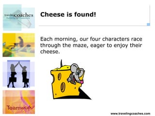 Cheese is found! Each morning, our four characters race through the maze, eager to enjoy their cheese. 