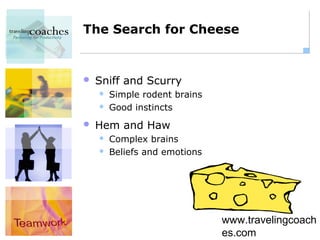 The Search for Cheese


   Sniff and Scurry
       Simple rodent brains
       Good instincts
   Hem and Haw
       Complex brains
       Beliefs and emotions




                               www.travelingcoach
                               es.com
 