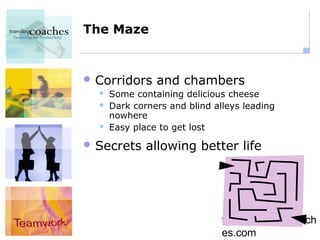 The Maze


 Corridors     and chambers
     Some containing delicious cheese
     Dark corners and blind alleys leading
      nowhere
     Easy place to get lost
 Secrets     allowing better life




                               www.travelingcoach
                               es.com
 