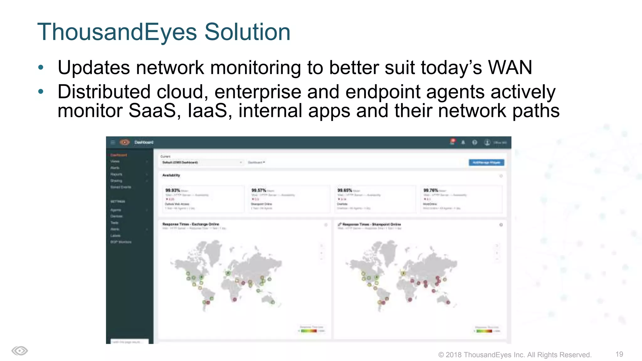 19© 2018 ThousandEyes Inc. All Rights Reserved.
ThousandEyes Solution
• Updates network monitoring to better suit today’s WAN
• Distributed cloud, enterprise and endpoint agents actively
monitor SaaS, IaaS, internal apps and their network paths
 
