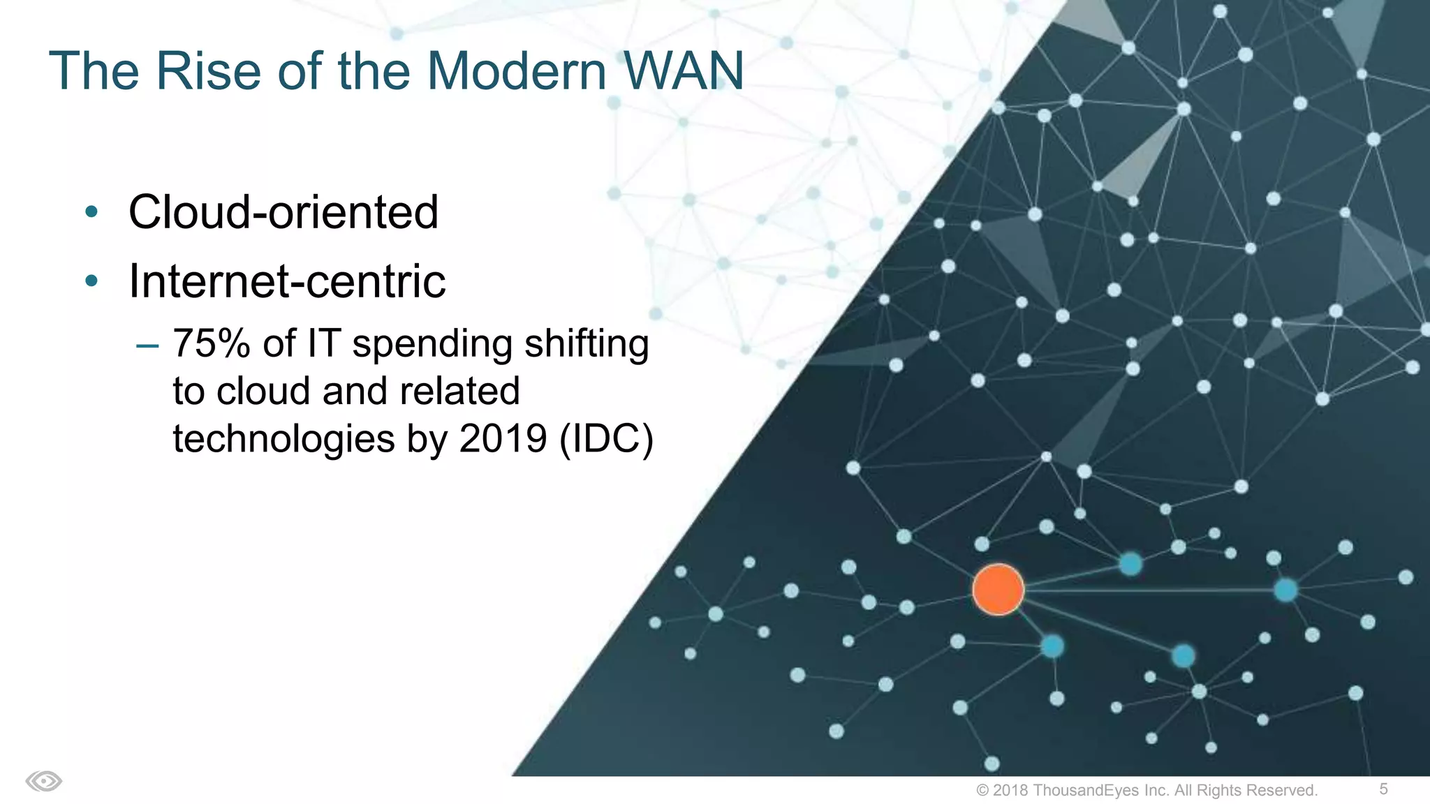 5© 2018 ThousandEyes Inc. All Rights Reserved.
• Cloud-oriented
• Internet-centric
– 75% of IT spending shifting
to cloud and related
technologies by 2019 (IDC)
The Rise of the Modern WAN
 