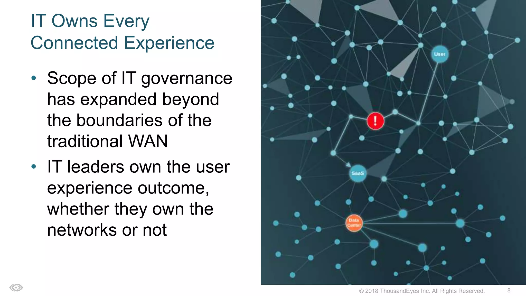 8© 2018 ThousandEyes Inc. All Rights Reserved.
IT Owns Every
Connected Experience
• Scope of IT governance
has expanded beyond
the boundaries of the
traditional WAN
• IT leaders own the user
experience outcome,
whether they own the
networks or not
 