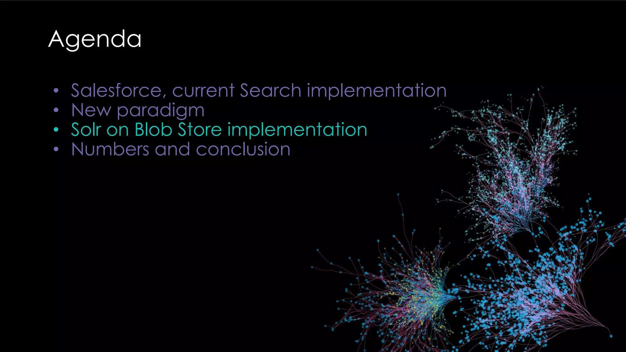 Agenda
• Salesforce, current Search implementation
• New paradigm
• Solr on Blob Store implementation
• Numbers and conclusion
 