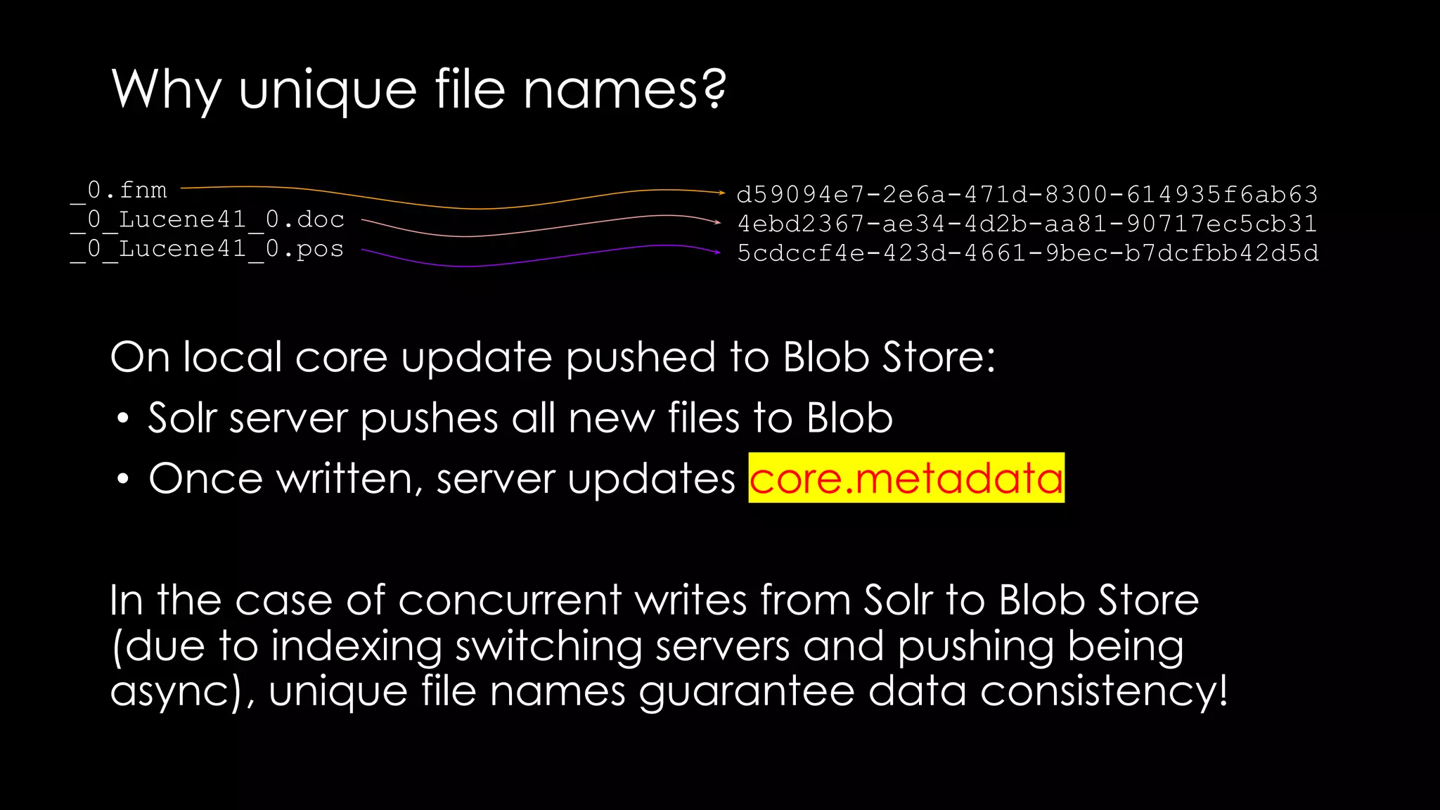 Why unique file names?
_0.fnm
_0_Lucene41_0.doc
_0_Lucene41_0.pos
d59094e7-2e6a-471d-8300-614935f6ab63
4ebd2367-ae34-4d2b-aa81-90717ec5cb31
5cdccf4e-423d-4661-9bec-b7dcfbb42d5d
On local core update pushed to Blob Store:
• Solr server pushes all new files to Blob
• Once written, server updates core.metadata
In the case of concurrent writes from Solr to Blob Store
(due to indexing switching servers and pushing being
async), unique file names guarantee data consistency!
 
