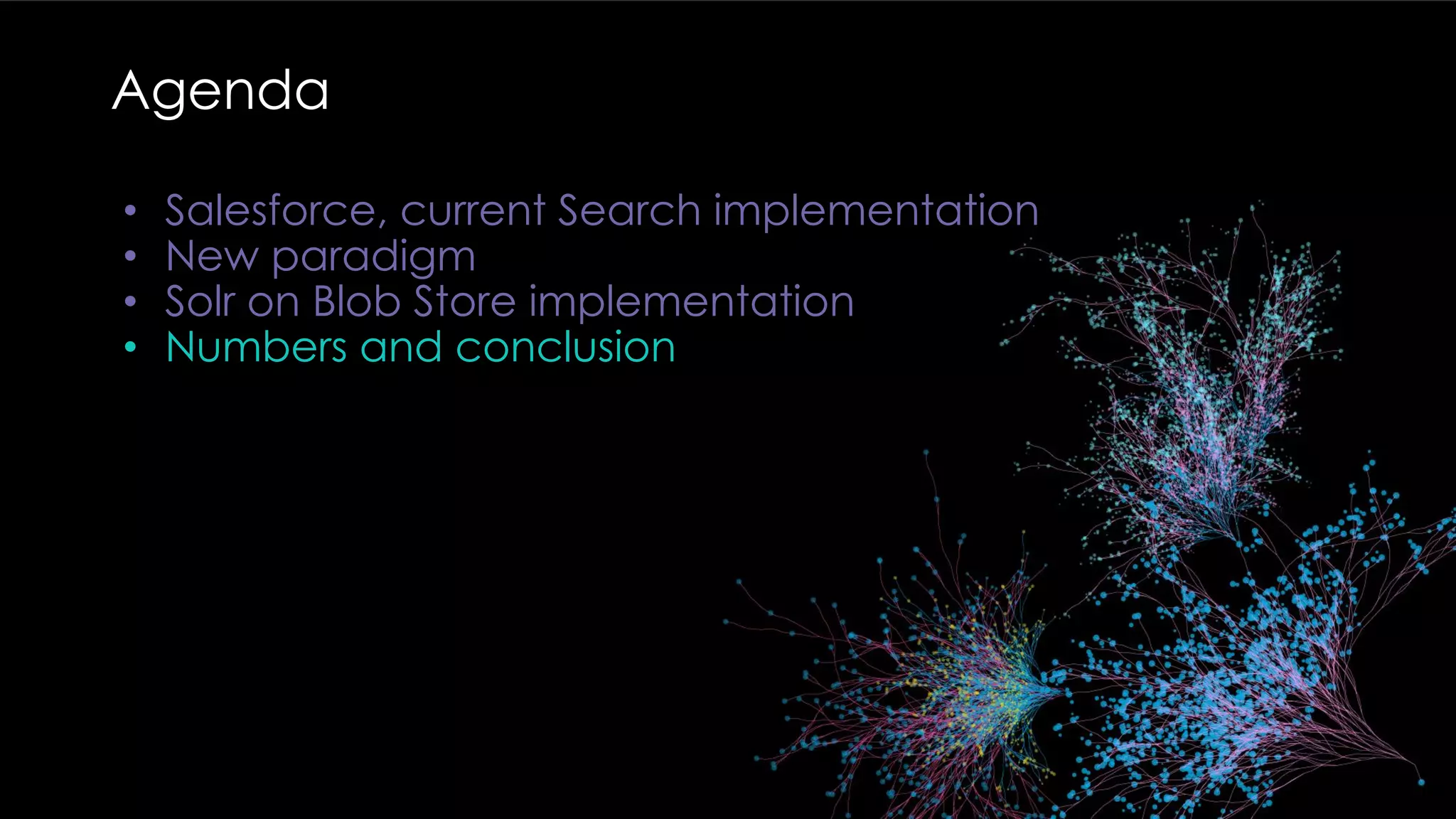Agenda
• Salesforce, current Search implementation
• New paradigm
• Solr on Blob Store implementation
• Numbers and conclusion
 