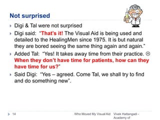 Not surprised
Vivek Hattangadi -
Academy of
Who Moved My Visual Aid14
 Digi & Tal were not surprised
 Digi said: “That’s it! The Visual Aid is being used and
detailed to the HealingMen since 1975. It is but natural
they are bored seeing the same thing again and again.”
 Added Tal: “Yes! It takes away time from their practice. 
When they don’t have time for patients, how can they
have time for us?”
 Said Digi: “Yes – agreed. Come Tal, we shall try to find
and do something new”.
 