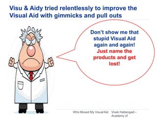 Visu & Aidy tried relentlessly to improve the
Visual Aid with gimmicks and pull outs
Vivek Hattangadi -
Academy of
Who Moved My Visual Aid23
Don’t show me that
stupid Visual Aid
again and again!
Just name the
products and get
lost!
 