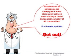 Vivek Hattangadi -
Academy of
Who Moved My Visual Aid24
Visual Aids of all
companies are
stereotype! Cannot
distinguish between
one company’s brand
and another company’s!
All commodities!
Don’t waste my time!
Get out!
 