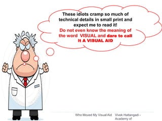 Vivek Hattangadi -
Academy of
Who Moved My Visual Aid25
These idiots cramp so much of
technical details in small print and
expect me to read it!
Do not even know the meaning of
the word VISUAL and dare to call
it A VISUAL AID
 