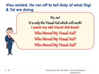 Visu smiled. He ran off to tell Aidy of what Digi
& Tal are doing
Vivek Hattangadi -
Academy of
Who Moved My Visual Aid35
No, no!
It is only the Visual Aid whichwill work!
I want my old Visual Aid back!
Who MovedMy Visual Aid?
Who MovedMy Visual Aid?
Who MovedMy Visual Aid?
 