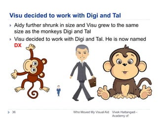 Visu decided to work with Digi and Tal
Vivek Hattangadi -
Academy of
Who Moved My Visual Aid36
 Aidy further shrunk in size and Visu grew to the same
size as the monkeys Digi and Tal
 Visu decided to work with Digi and Tal. He is now named
DX
 