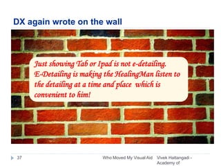 DX again wrote on the wall
Vivek Hattangadi -
Academy of
Who Moved My Visual Aid37
Just showing Tab or Ipad is not e-detailing.
E-Detailing is making the HealingMan listen to
the detailing at a time and place which is
convenient to him!
 
