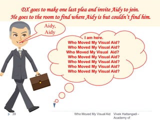 Vivek Hattangadi -
Academy of
Who Moved My Visual Aid39
DX goes to make one last plea and invite Aidy to join.
He goes to the room to find where Aidy is but couldn’t find him.
Aidy,
Aidy
I am here.
Who Moved My Visual Aid?
Who Moved My Visual Aid?
Who Moved My Visual Aid??
Who Moved My Visual Aid?
Who Moved My Visual Aid?
Who Moved My Visual Aid?
Who Moved My Visual Aid?
 