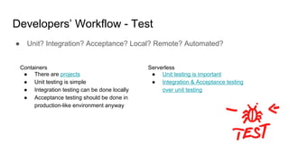 Developers’ Workflow - Test
● Unit? Integration? Acceptance? Local? Remote? Automated?
Containers
● There are projects
● Unit testing is simple
● Integration testing can be done locally
● Acceptance testing should be done in
production-like environment anyway
Serverless
● Unit testing is important
● Integration & Acceptance testing
over unit testing
 